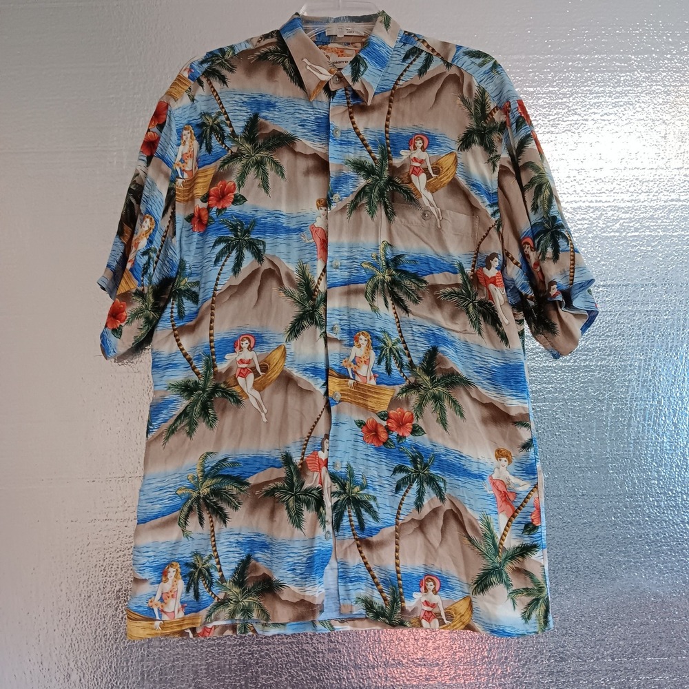 Pierre Cardin Button Up Shirt Mens M Blue Excellent Tropical Pinup Rayon Aloha